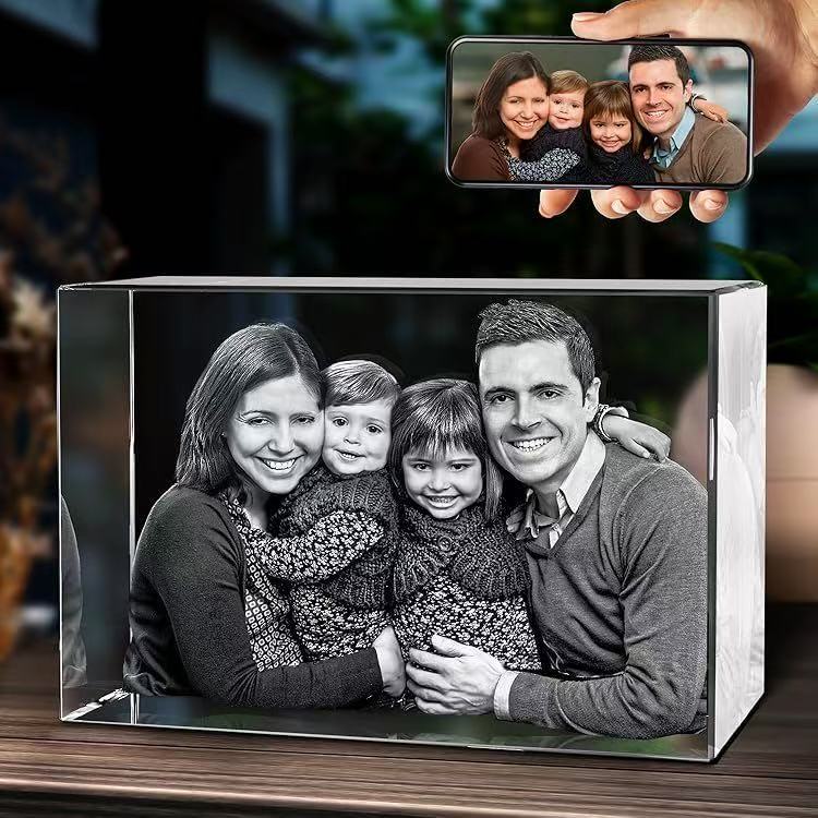 Custom 3D Laser Engraved Crystal Photo Block – Personalized Gift for Family/Wedding/Pet