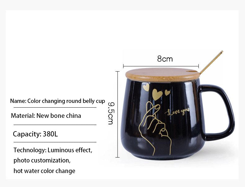 Customizable Luminescent Ceramic Mug with Color - Change on Hot Water, Glows at Night, Comes with Wooden Lid & Metal Spoon, Free Shipping!