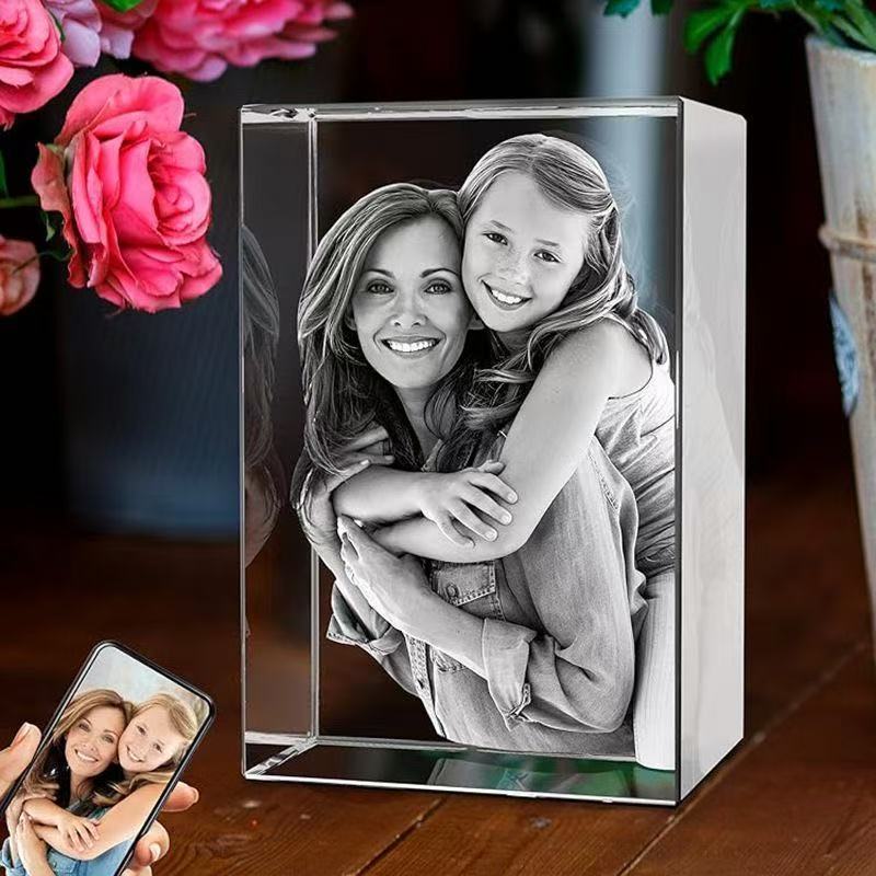 Custom 3D Laser Engraved Crystal Photo Block – Personalized Gift for Family/Wedding/Pet